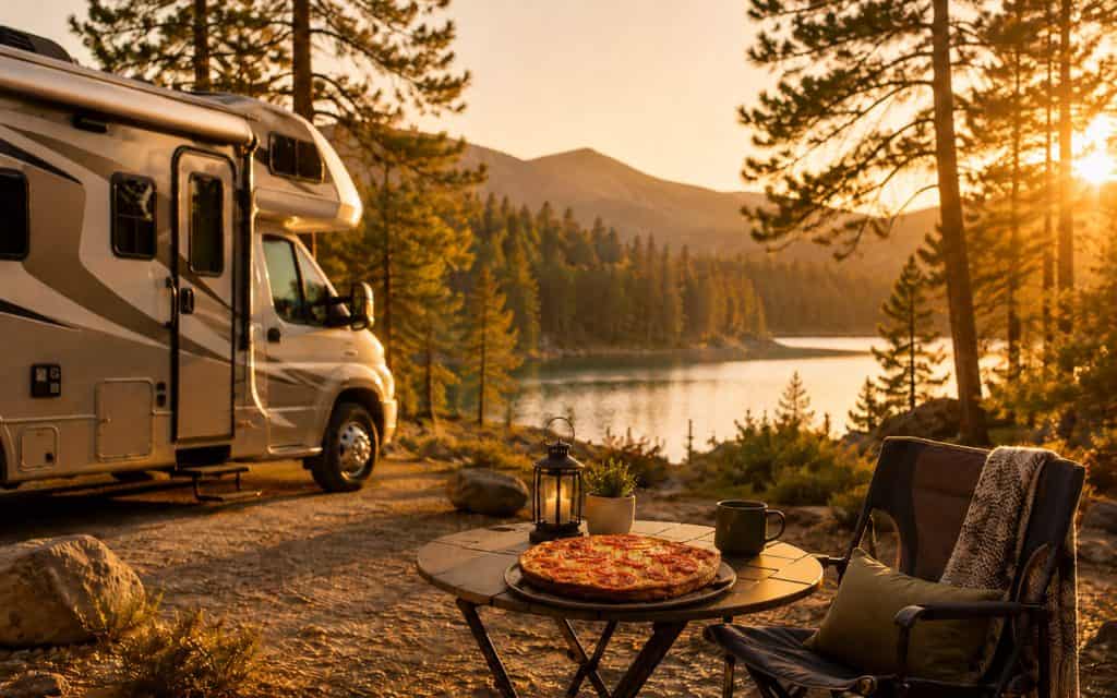 Frittata breakfast on a campsite table beside an RV overlooking a pine-lined lake at golden hour.